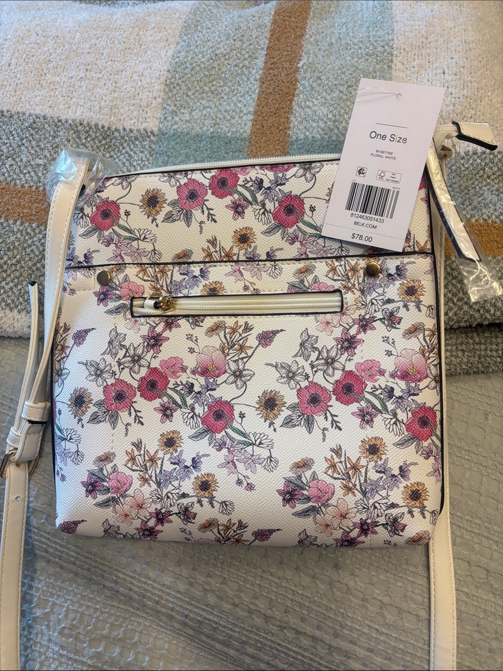 belk White Floral Crossbody with Pink and Purple Accents